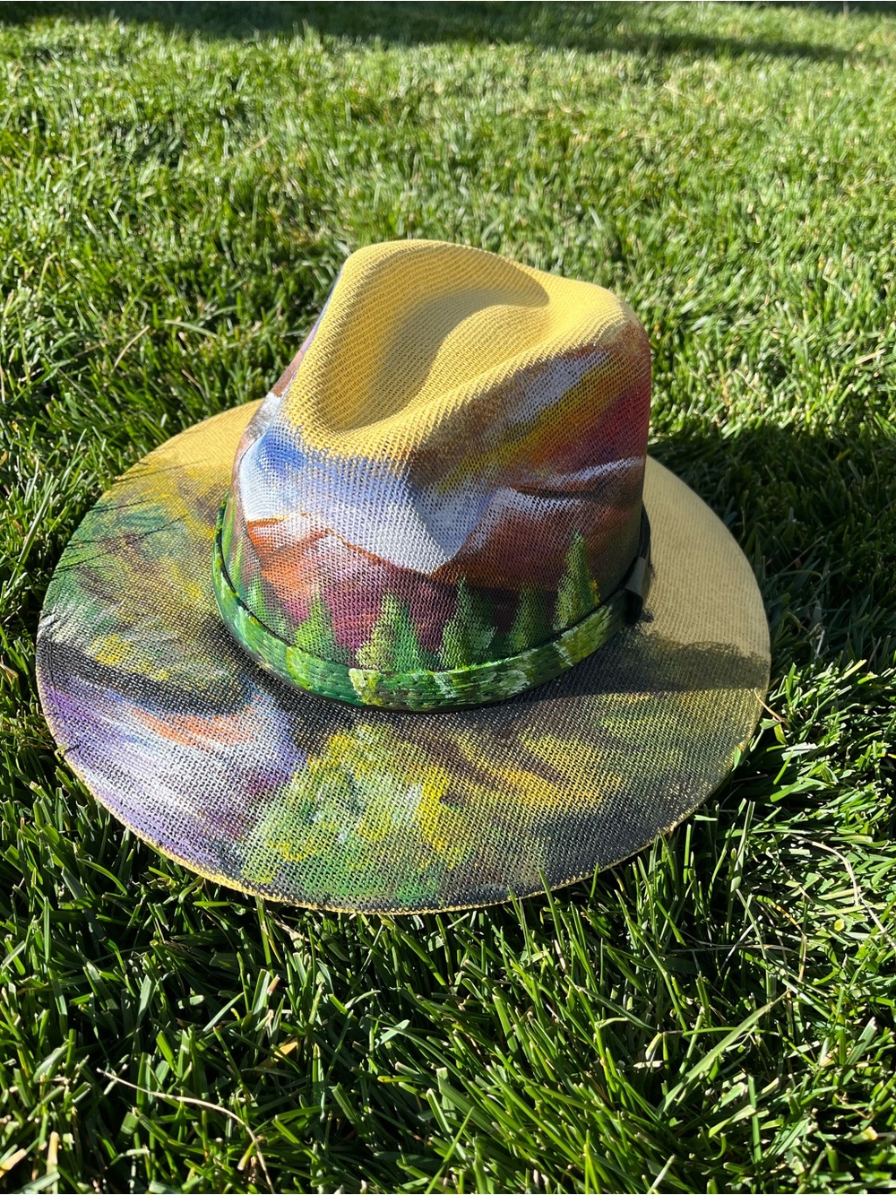 Hand-Painted Wide Brim Fedora Hat in Yellow & Green